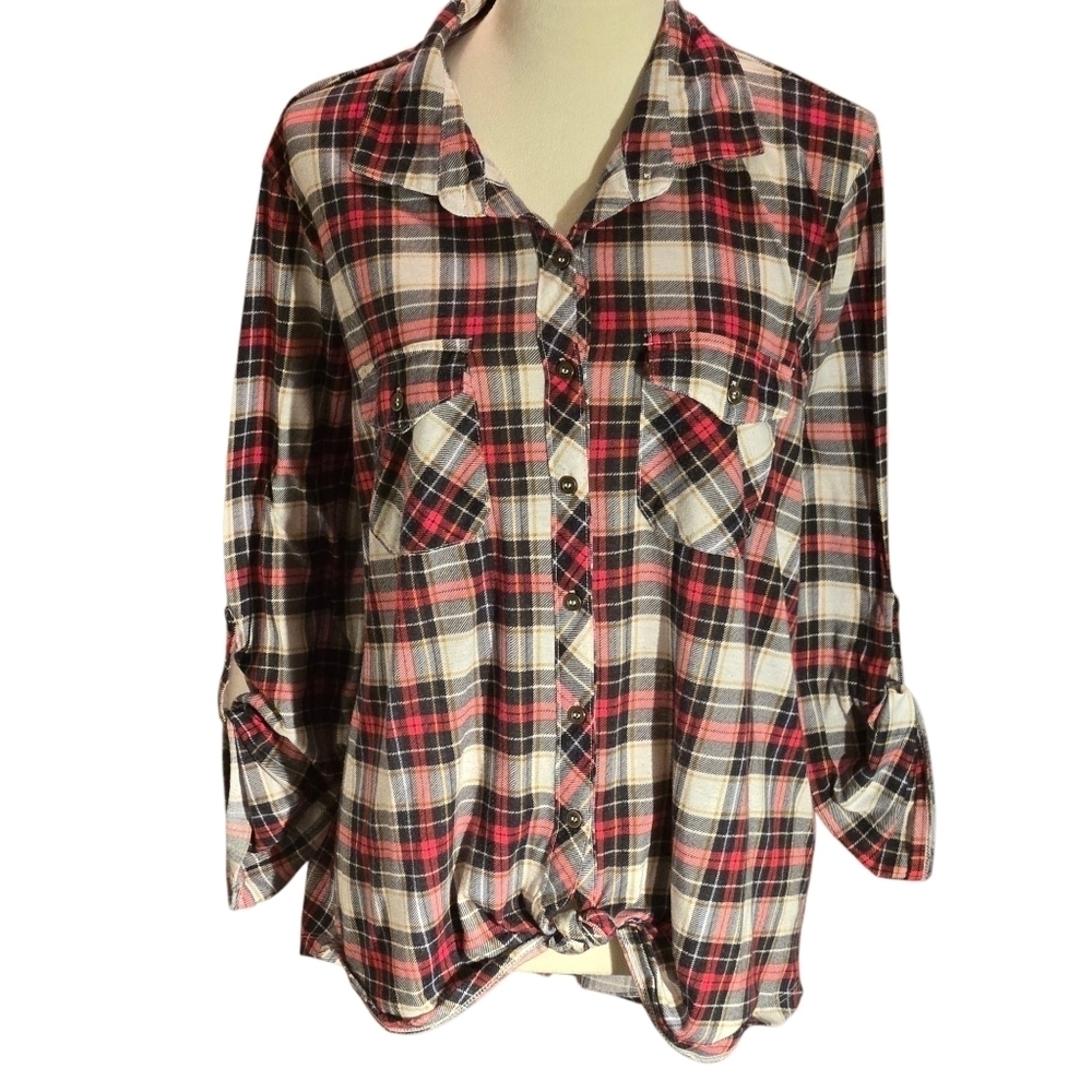 Polly & Esther Flannel Plaid Button-Up Top Women 3X Roll-tab Sleeve Hi-Lo Hem